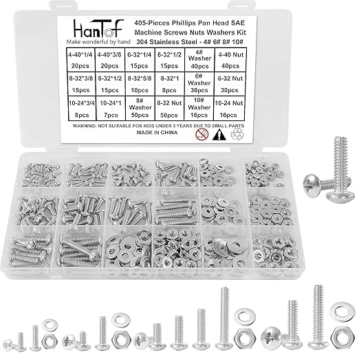 405Pcs SAE Machine Screws Bolts Nuts and Flat Washers Assortment Kit, #4-40#6-32#8-32#10-24, 304 Stainless Steel Phillips Pan Head Bolts Hex Nuts Flat Washers Set Kit with Storage Case
