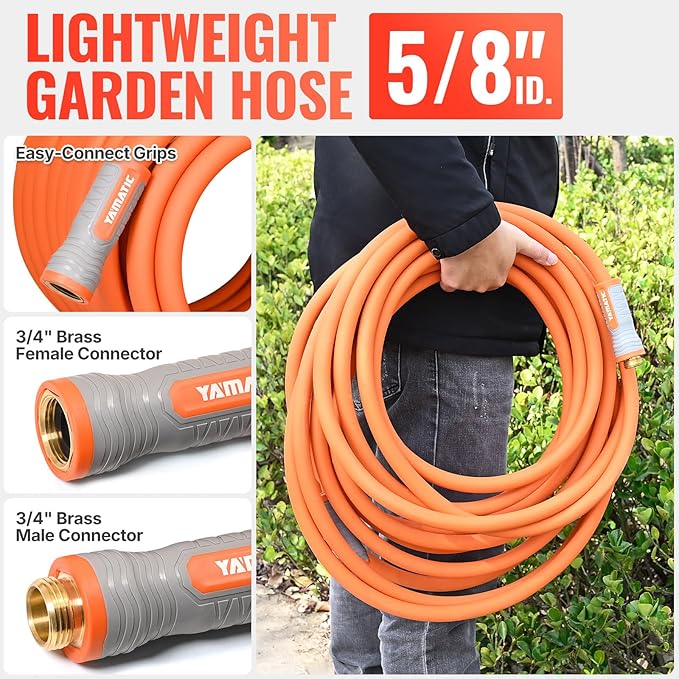 YAMATIC Garden Hose 5/8 in x 10 ft, Ergonomic Swivel Fittings, Burst 600 PSI,Heavy Duty, Flexible and Lightweight Water Hose