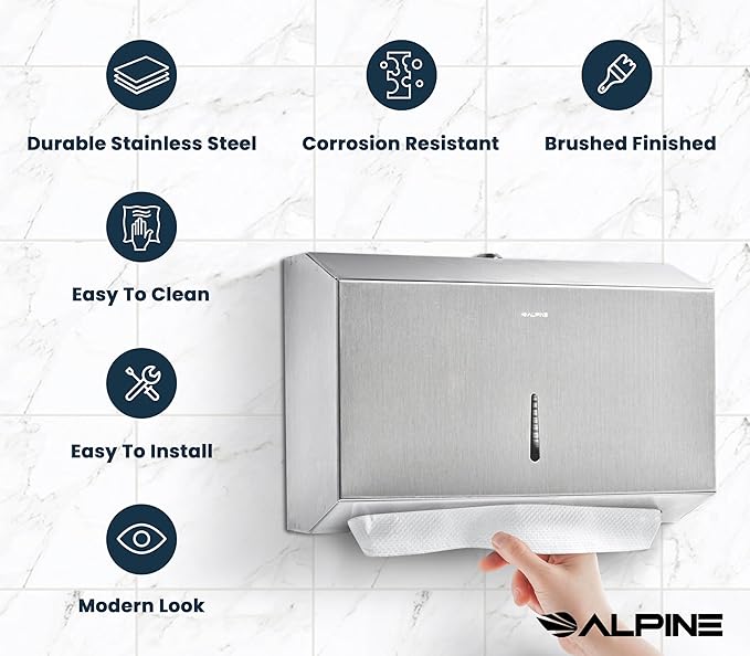 Alpine Commercial Paper Towel Dispenser Wall Mount for Multifold, Trifold & c Fold Paper Towel Holder - Stainless Steel Hand Towel Dispenser for Bathroom & Kitchen A