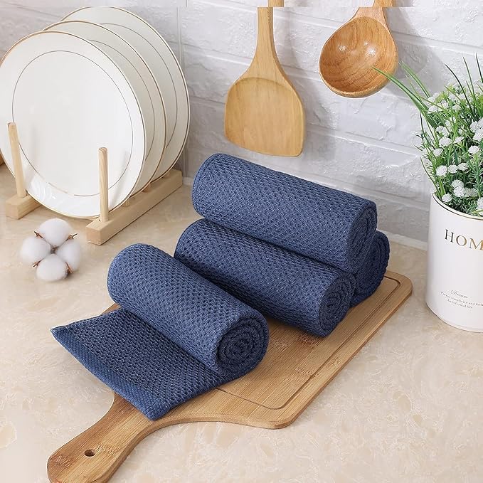 Kitinjoy 100% Cotton Waffle Weave Kitchen Towels, 12-Pack Super Soft and Absorbent Dish Towels for Drying Dishes, Kitchen Hand Towels, 13 in x 28 in, Navy Blue