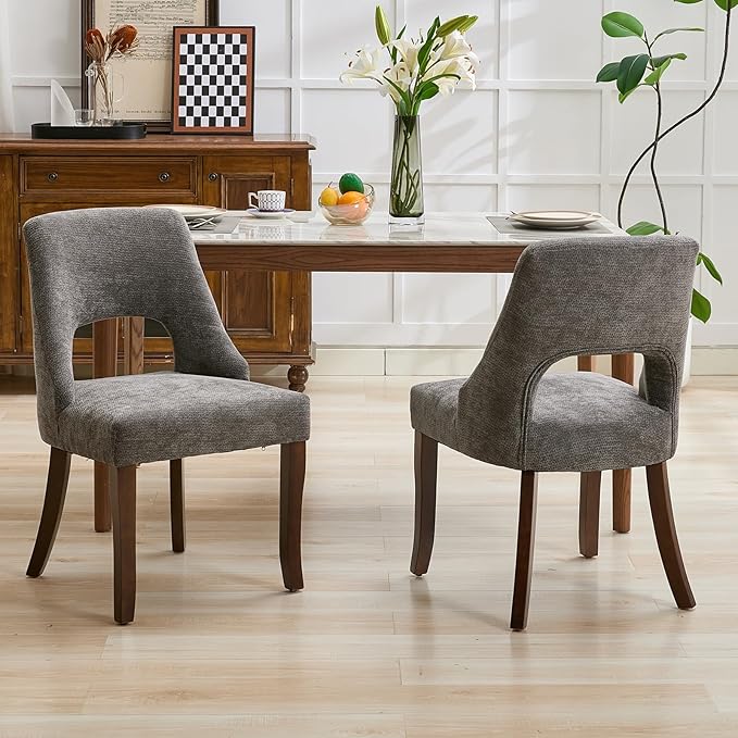 UVV Wooden Dining Chairs Set of 6, Mid Century Modern Upholstered Dining Room Chair Kitchen Chairs, Chenille Dinner Chair with Solid Wood Legs for Kitchen Dining Room, Dark Grey-Chenille