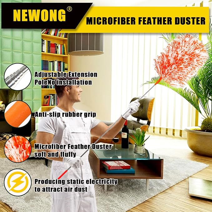 20-49inches Extendable Microfiber Feather Duster with 10pcs Replaceable Heads, Extra Long Bendable Duster for Cleaning, Electrostatic Dust Remove for Furniture, Ceiling, Window,etc (Orange)