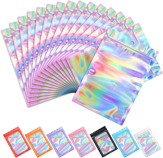 Funfery 100 pcs Mylar Holographic Bags Packaging Bags,Clear Resealable Smell Proof Bag Foil Pouch Bag for Party Favor,Food Storage Baggies Packaging for Small Business(5.5x7.9in,Holographic