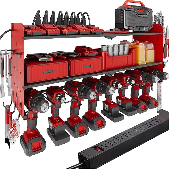 Suchtale Power Tool Organizer Wall Mount with Charging Station,33.2" Garage Storage,8 Drill Holders,3 Layers Heavy Duty Metal Shelf,Built in 8 Outlets Power Strip,Christmas Gift for Dad,Men,Red
