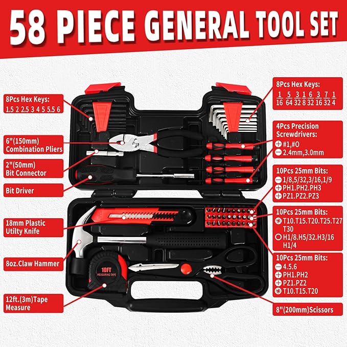58-Piece Tool Kit Basic Home Repair Tool Set, General Household Hand Tool Kit,Small Tool Kit with Plastic Toolbox Mini Tool kit for Women, Office & College Repairs Red