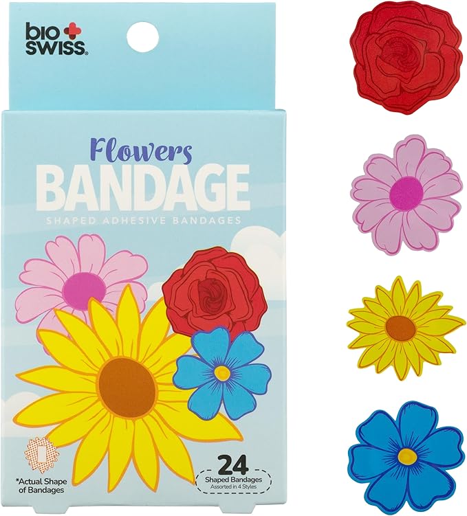 BioSwiss Kids Bandages, Flowers Shaped Self Adhesive Bandage Set, Latex Free, Sterile Wound Care, 24 Count