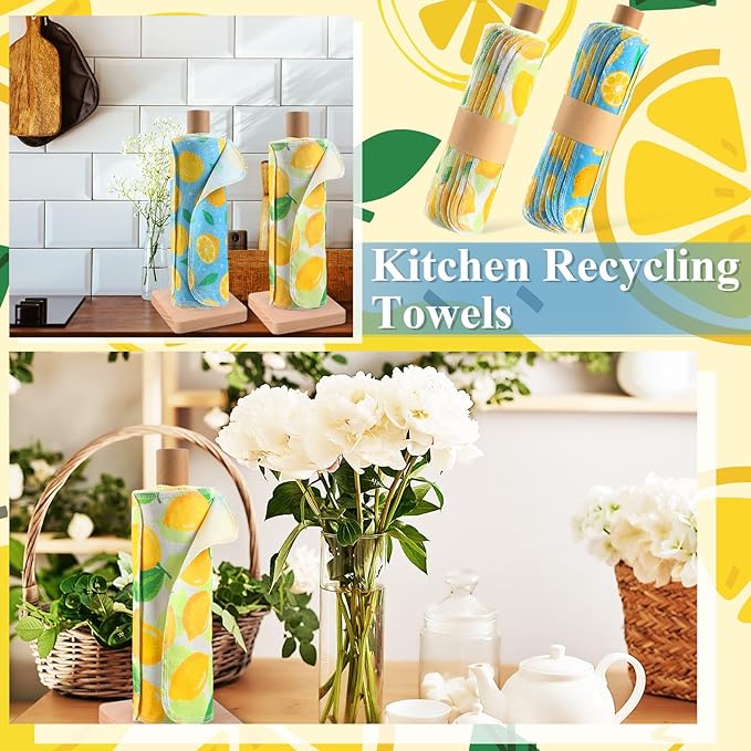 Redbaker 50 Pcs Reusable Paper Towels Paperless Reusable Cotton Cloths Toilet Absorbent Washable Paper Towels with Roll Kitchen Dishcloth for Kitchen Paperless Dishcloths(Lemon)