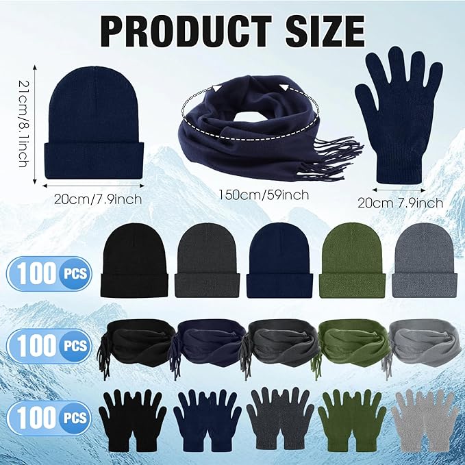 Unittype 300 Pcs Winter Beanies Gloves Scarf Set Bulk 100 Knit Skull Cap 100 Pair Winter Gloves 100 Neck Warmer for Men Women