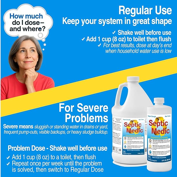 Septic Medic Septic Tank Treatment, Enzyme System Cleaner, Breakdown Sludge, Breakdown Grease and Fat, Supports Drainfield and Leach Field Free Flow, Backed by Science – 1 Gallon