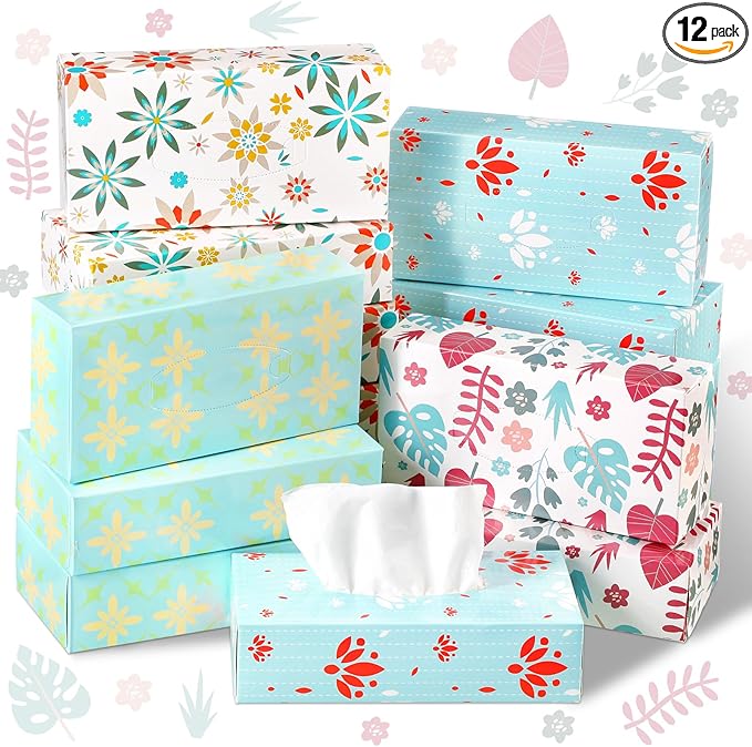 Yinder 12 Packs 1560 Sheets Soft Facial Tissues Box 2 Ply 130 Sheets Per Box Household Facial Tissues Bulk Fit for Bathroom Kitchen Office Car Home Use(Plant Flower)