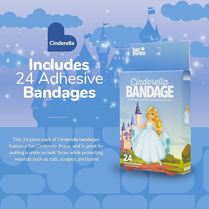 BioSwiss Kids Bandages, Princess Cinderella Shaped Self Adhesive Bandage Set, Latex Free, Sterile Wound Care, 24 Count