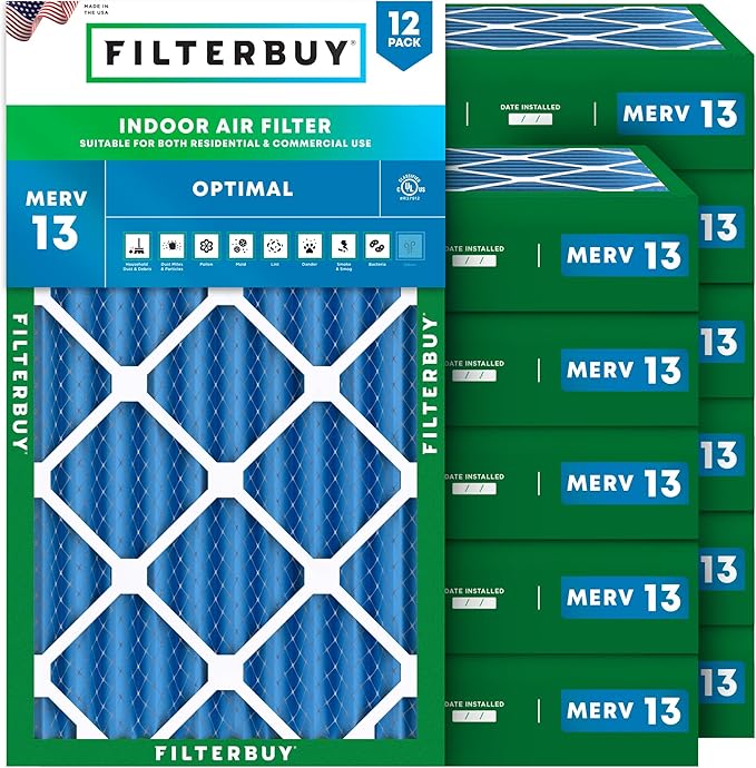 Filterbuy 12x24x4 Air Filter MERV 13 Optimal Smoke & Allergy Defense (12-Pack), Electrostatic Pleated HVAC AC Furnace Filters Replacement, Made in USA (Actual Size: 11.50 x 23.38 x 3.63)