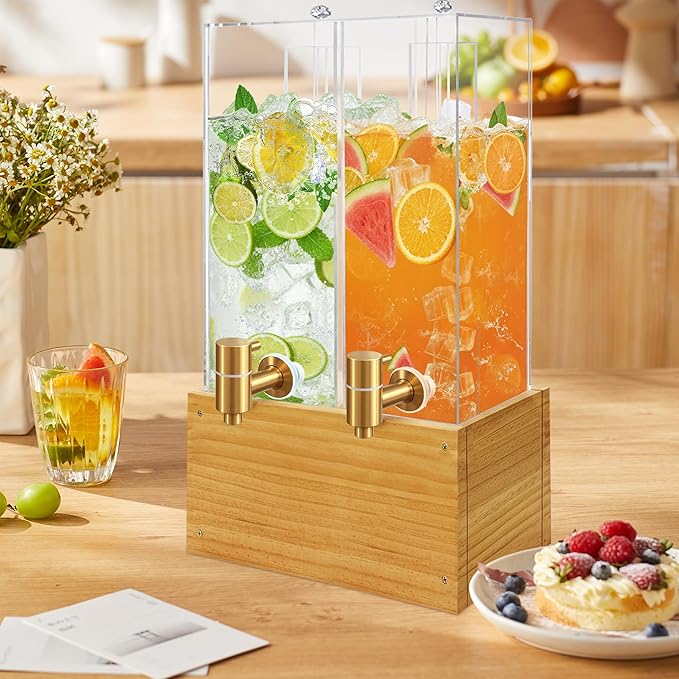 Beverage Dispenser with Stand 2 Gallon, 2 Pack Drink Dispenser with Ice Core, Beverage Containers with Wood Stand for Juice/Tea/Soda/Water, Drink Dispensers for Parties