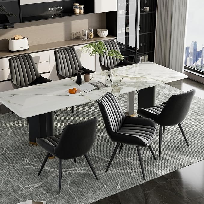Dining Chairs Set of 6, Faux Leather Mid Century Modern Kitchen Chairs with Soft Cushion, Comfortable Upholstered Dining Room Chairs for Kitchen, Black