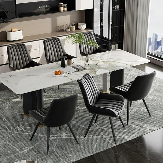 Dining Chairs Set of 6, Faux Leather Mid Century Modern Kitchen Chairs with Soft Cushion, Comfortable Upholstered Dining Room Chairs for Kitchen, Black