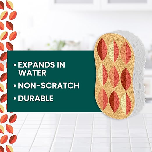 Scotch-Brite Brite Harvest Collection, 1 Extra Gentle Leafy Clean Kitchen Sponge, 3 Pop Up Dish Sponges That Expand with Water, and 4 Dobie Non-Scratch Sponges
