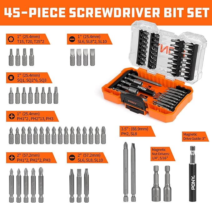 PONY 45-Piece Screwdriver Bit Set with Tough Case, 1/4" Hex S2 Steel Screwdriver Bits, Precision-Machined Tip, 1", 2" & 3-1/2" Bits with Magnetic Drive Guide & Magnetic Nut Drivers for DIY Projects