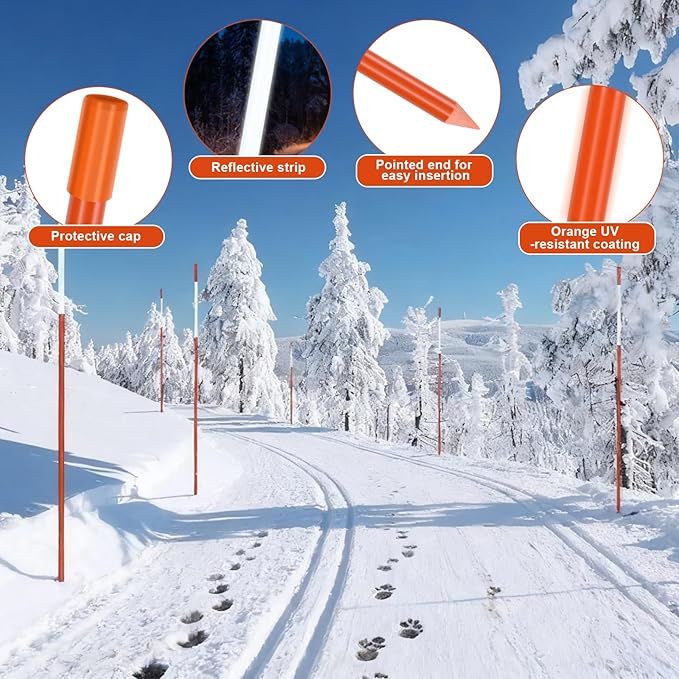 100PCS 48" Driveway Markers, 5/16 Inch Dia Reflective Driveway Poles with Installation Tool, Orange Fiberglass Snow Stakes with Reflective Tape for Parking Lots, Walkways
