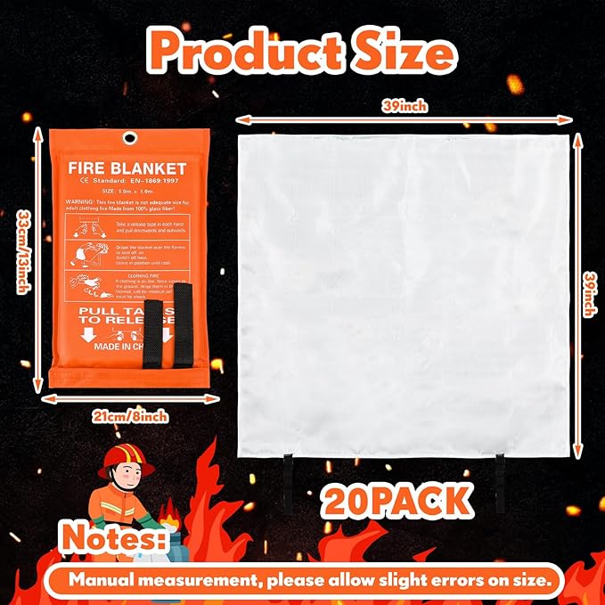 Macarrie 20 Pack 39” x 39” Fire Blanket Emergency for Home and Kitchen Safety Suppression Blanket Fiberglass Fireproof Survival for Fireplace Car Office Camping (Orange)