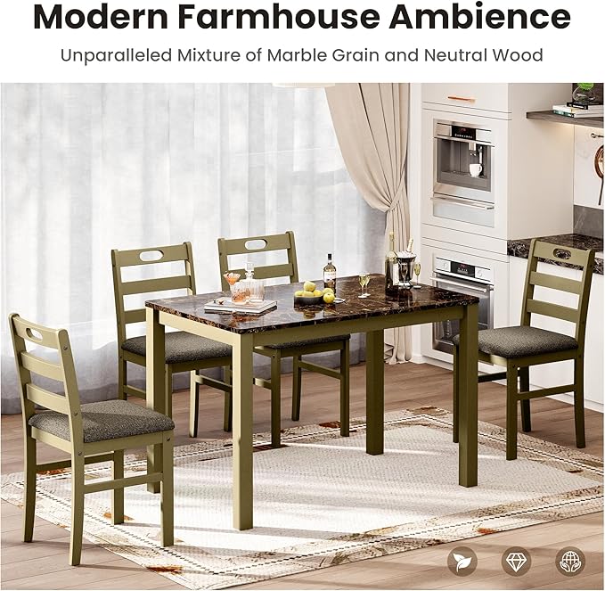 PHI VILLA Dining Table Set for 4, Modern Farmhouse Kitchen Table Set, Faux Marble Dining Table and 4 Cushioned Chairs, Solid Rubber Wood Dining Room Table Set, Emperador Dark Marble& Olive
