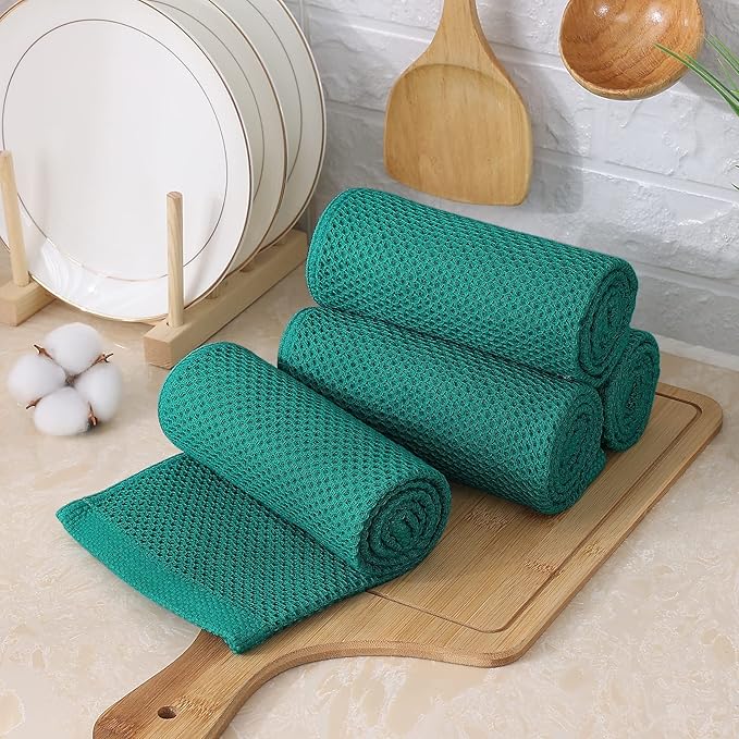 Kitinjoy 100% Cotton Waffle Weave Kitchen Towels, 4-Pack Super Soft and Absorbent Dish Towels for Drying Dishes, Kitchen Hand Towels, 13 in x 28 in, Teal