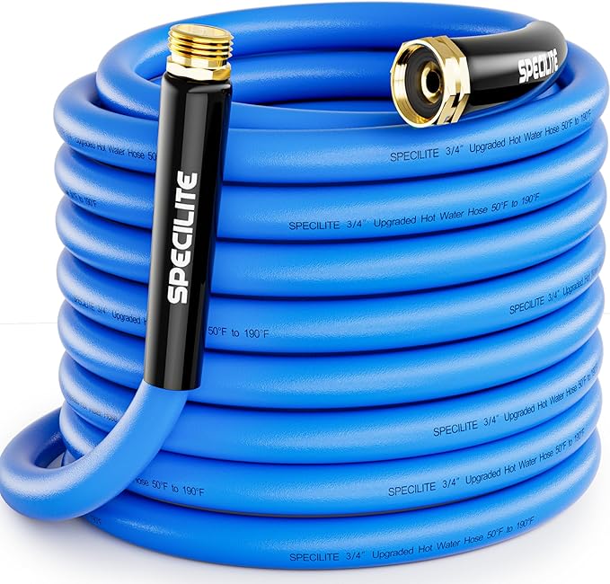SPECILITE Hot/Cold Garden Water Hose 75 ftx 3/4 in, -50℉ To 190℉, Heavy Duty, Flexible, Burst 605 Psi, Lightweigh, Upgraded Rubber Pipe with 3/4" Brass Fittings For Backyard, Outdoor, Farm, Blue