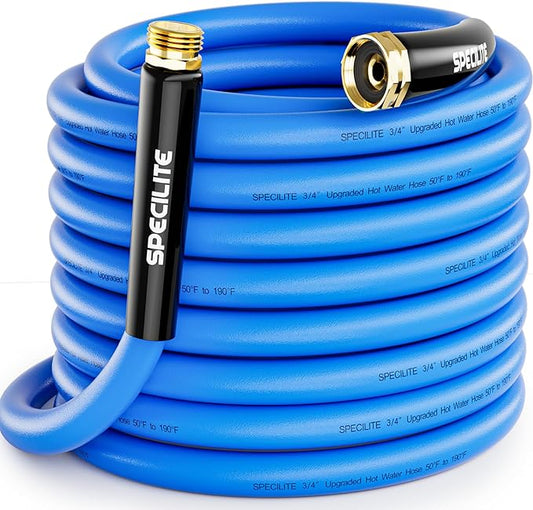 SPECILITE Hot/Cold Garden Water Hose 75 ftx 3/4 in, -50℉ To 190℉, Heavy Duty, Flexible, Burst 605 Psi, Lightweigh, Upgraded Rubber Pipe with 3/4" Brass Fittings For Backyard, Outdoor, Farm, Blue