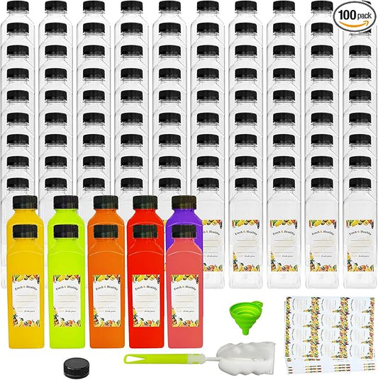 100pcs 16 oz Plastic bottles with lids,Juice bottles with caps, Reusable Clear Bulk Beverage Containers for Juice, Milk and Other Beverages