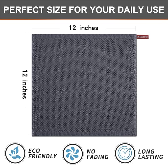 Kitinjoy 100% Cotton Kitchen Dish Cloths, 6 Pack Waffle Weave Ultra Soft Absorbent Dish Towels for Drying Dishes Quick Drying Kitchen Towels Dish Rags, 12 X 12 Inches, Dark Grey