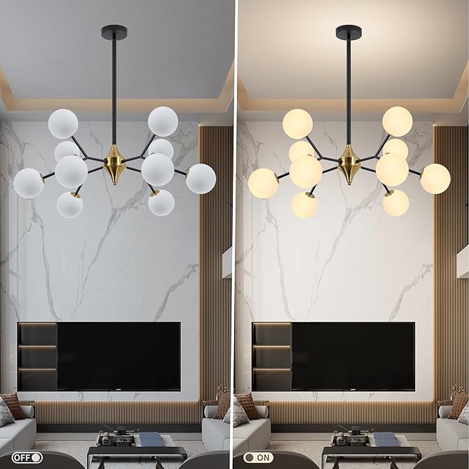 COCOSTAR Dining Room Chandelier, 10 Lights Modern Ceiling Light Fixture, Sputnik Chandelier, Chandeliers Over Table, Milk Globe, Black and Gold, G9 Base