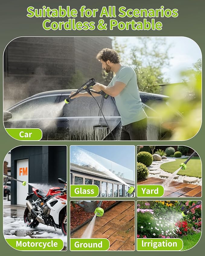 Cordless Pressure Washer Battery Powered; 990PSI Cordless Power Washer with 6-in-1 Nozzle, 23FT High-Elastic Hose, 21V Battery&Charger; Portable Handheld Pressure Washer Cleaner for Home, Car, Garden