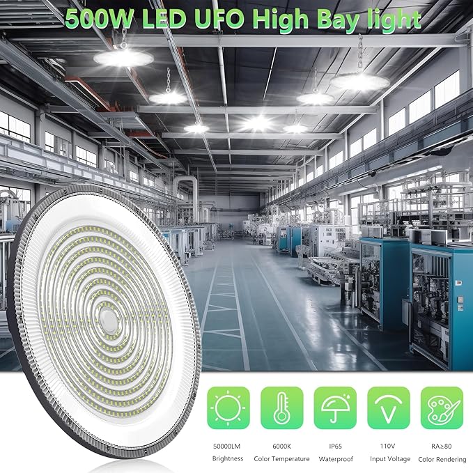 UFO LED High Bay Light:500W 50000LM LED Shop Light Without Plug, 6000-6500K Daylight Bay Lighting, IP65 Waterproof Industrial UFO Light for Barn/Garage/Commercial Warehouse(20 Pack)