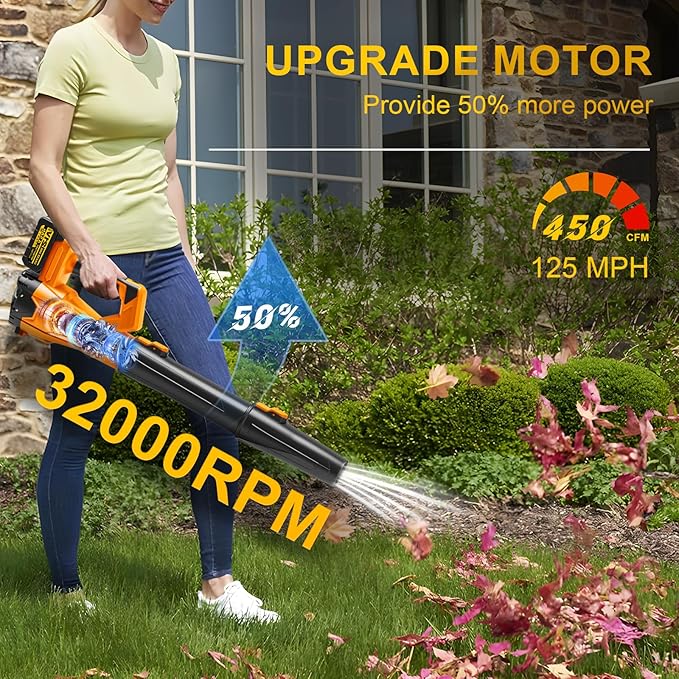 Cordless Leaf Blower, 450CFM/125MPH Six-Speed Adjustment, 2 * 4.5Ah 21V Batteries, High Power Copper Wire Motor with 3 Tube, Lightweight Handheld Blower for Lawn Care, Patio, Blowing Leaves
