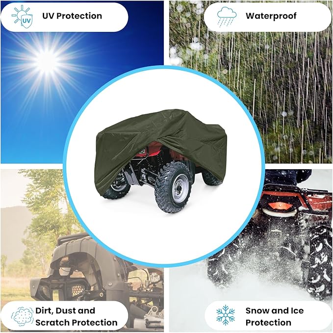 EliteShield Lightweight ATV Cover, Weatherproof Quad Four Wheeler Cover for Polaris Kawasaki Yamaha Suzuki Honda Arctic Cat Can-Am, Olive Drab Color fits ATVs, Garden Tractors up to 80" Long