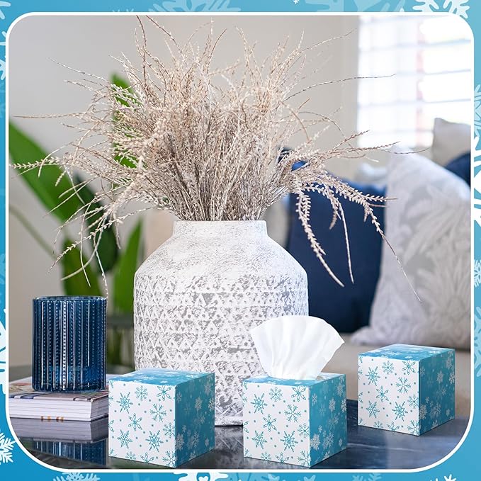 Bencailor 12 Pack Snowflake Facial Tissues Cube Boxes Winter Christmas Tree Square 600 Sheets 3 Ply Small Tissues Cube Boxes for Home Car Accessories(Blue and White,Snowflake)