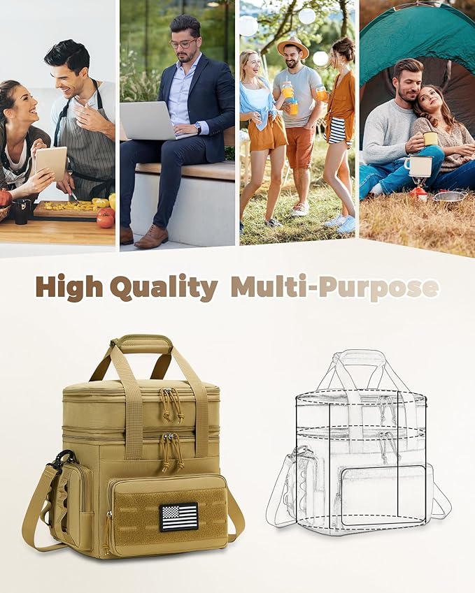 Tactical Lunch Bag & Lunch Box for Men - Large Double Deck Expandable Insulated Soft Adult Lunchbox for Work - Cooler Bag for Beach, Picnic, Camping,Outdoor，Travel (Brown,16L)