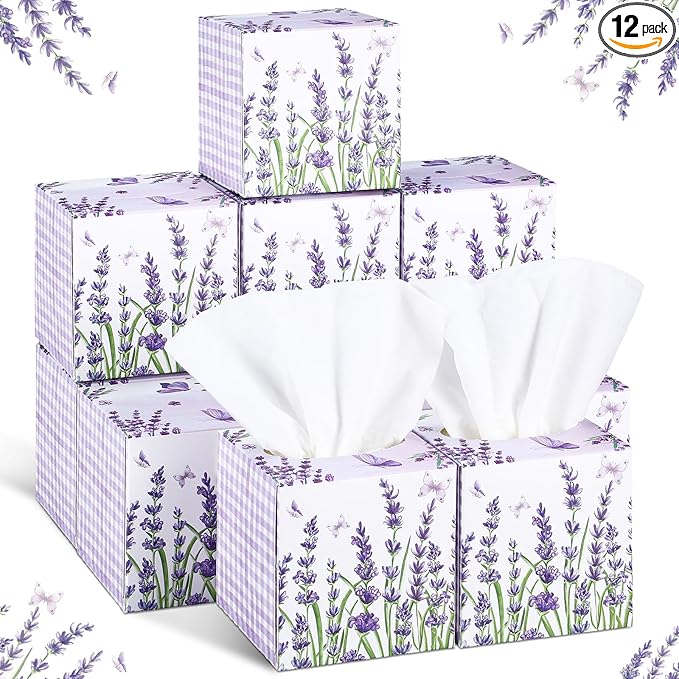 12 Pack Fall Lavender Facial Tissues Cube Boxes 600 Sheets 3 Ply Small Purple Flower Floral Face Tissues Bulk for Autumn Car Bedroom Supplies