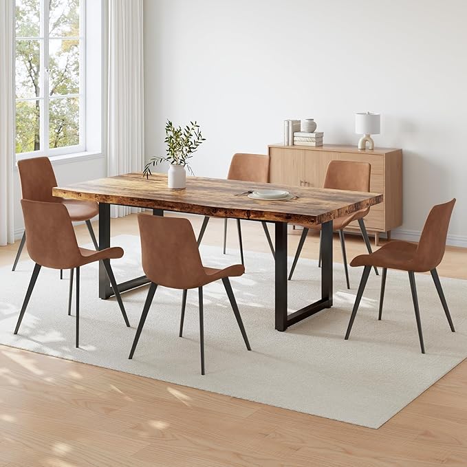 63" Dining Table Set for 6, MDF Board Kitchen Table Set with 6 PU Leather Dining Chairs, Mid-Century Kitchen and Dining Table Set of 7, Saving Space
