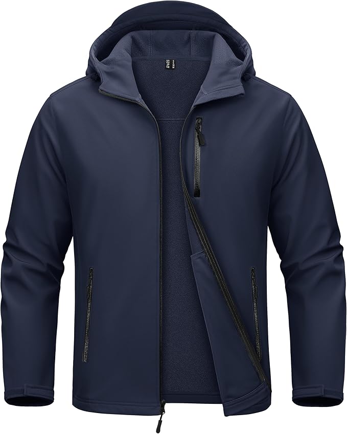MAGCOMSEN Men's Waterproof Fleece Lined Rain Jacket Lightweight Softshell Raincoat with Hood Winter Hiking Windbreaker