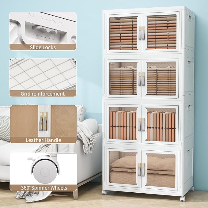 Large Clear Stackable Storage Bins with Lids, Foldable Storage Cabinet for Closet Organizers and Storage, Plastic Storage Box with Wheels 628 QT