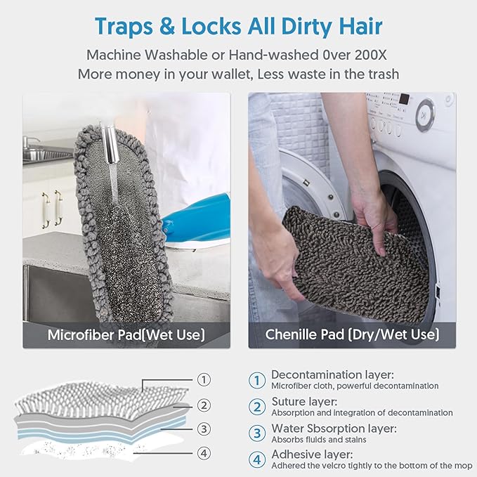 Microfiber Spray Floor Mops for Floors Cleaning- Hardowod Floor Mops with 440ML Refillable Bottles 3 Washable Mop Pads and 1 Scraper - Dust Wet Mop for Laminate Hardwood Ceramic Tile Wood Vinyl