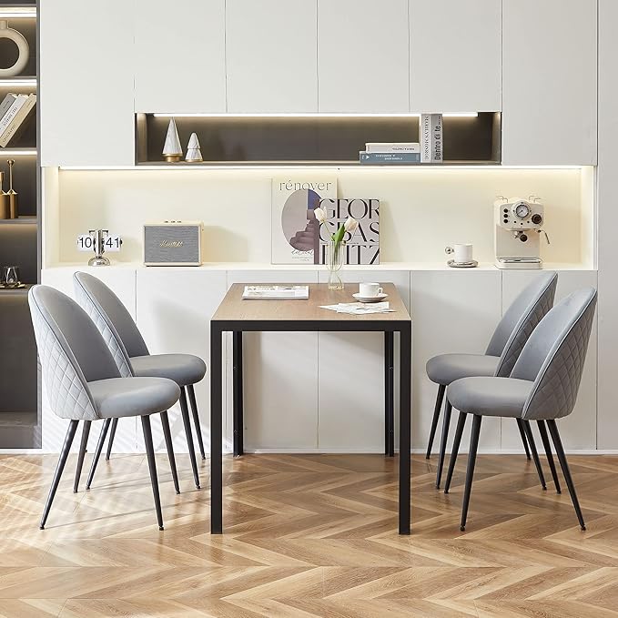 Upholstered Dining Chair Set of 4,Modern Kithen Velvet No Arms Home Ergonomic High-Back Vanity Elegant Accent with Black Metal Legs for Any Decor,Grey, 4*Chair,
