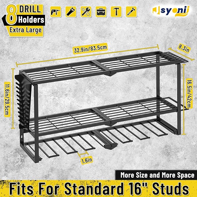 Power Tool Organizer Wall Mount, Heavy Duty 8 Drill Holder Wall Mount, Metal Cordless Tool Shelf, Tool Holder and Storage Rack for Garage Organization Workshop, Men's gifts