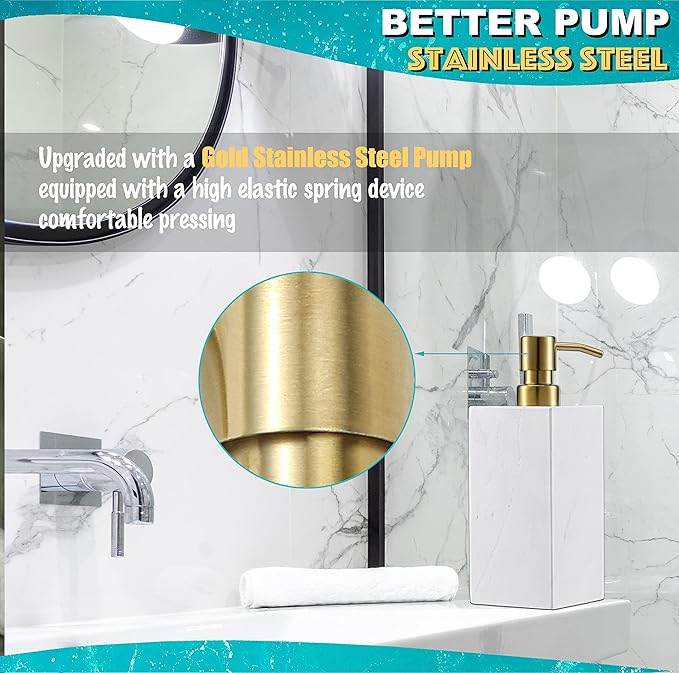 LAGOM HOUSE Marble Soap Dispenser with Gold Stainless Steel Pump top White Italian Natural Stone Marble Liquid Hand Soap Dispenser Decorative Bottle for Kitchen Bathroom Countertop