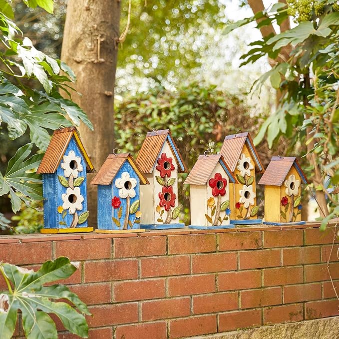 Glitzhome 10.2" H Hanging Bird House for Outdoor Patio Garden Decorative Birdhouse Pet Cottage Distressed Wooden Birdhouse, Yellow Flower