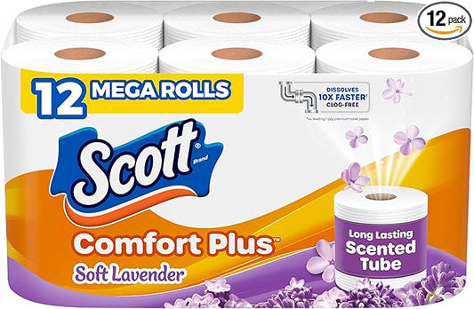 Scott ComfortPlus Toilet Paper with Soft Lavender Scented Tube, 12 Mega Rolls, 310 Sheets per Roll, Septic-Safe, 1-Ply Toilet Tissue