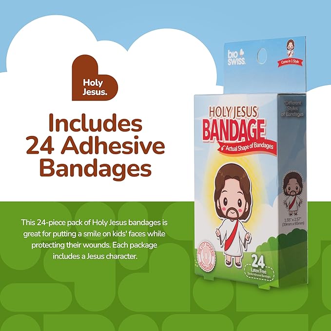BioSwiss Kids Bandages, Holy Jesus Shaped Self Adhesive Bandage Set, Latex Free, Sterile Wound Care, 24 Count