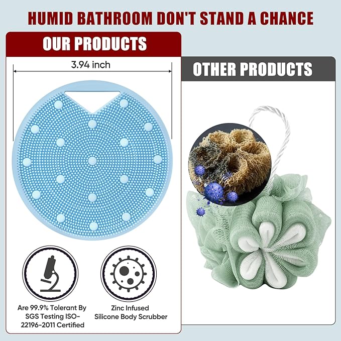 Heavy Duty Silicone Body Scrubber – Anti Zinc Infused-Lymphatic Brush Exfoliating Body Scrubber for Shower Body,with Stiff and Soft Bristles for Anti-Puffiness,Blood Circulation- Azure