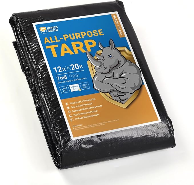 GUARD SHIELD Black Tarp Waterproof 12x20 Feet Medium Duty All Purpose Poly Tarps Cover 7mil