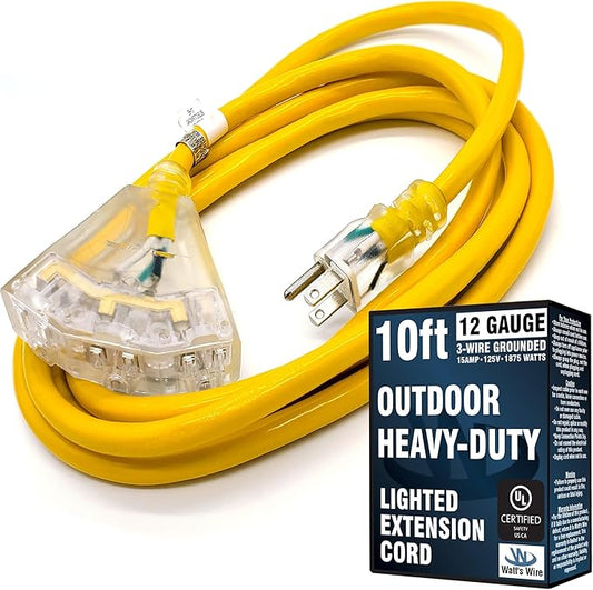 10 ft Outdoor Extension Cord Waterproof - 12 Gauge Heavy Duty Extension Cord Splitter - Lighted Outdoor Extension Cords with Multiple Outlets - Watts Wire - 10' Grounded - extensiones electricas